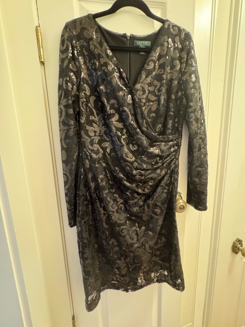 Ralph Lauren Black Sequin Long-Sleeve Draped Dress
